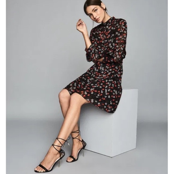 REISS Ladies Red Mix Ditsy Floral PEONY Sheer Lined Tie Waisted Party Dress US8 - Picture 3 of 16